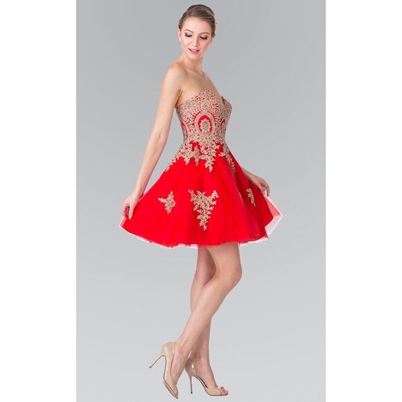 GLS Apparel USA Inc. Women's Red Tull  Strapless Dress W/Gold Sequins Size XS - Picture 2 of 7